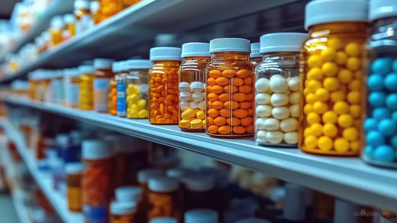 Colorful pill jars line a pharmacy shelf in warm light with a blurred background aisle.