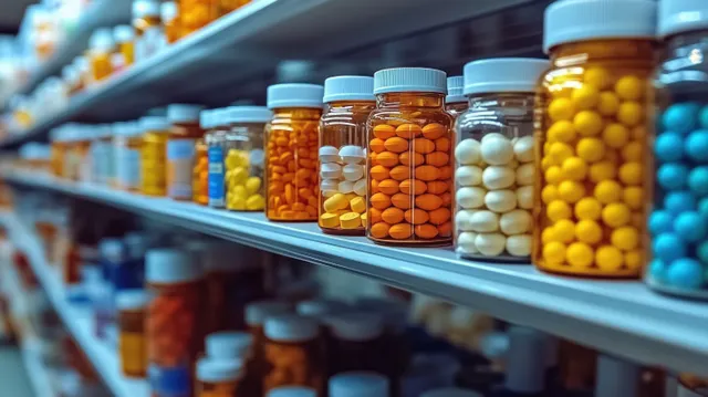 Colorful pill jars line a pharmacy shelf in warm light with a blurred background aisle.