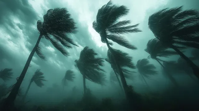 Palm trees bend sharply in strong wind beneath dark storm clouds and rain haze.