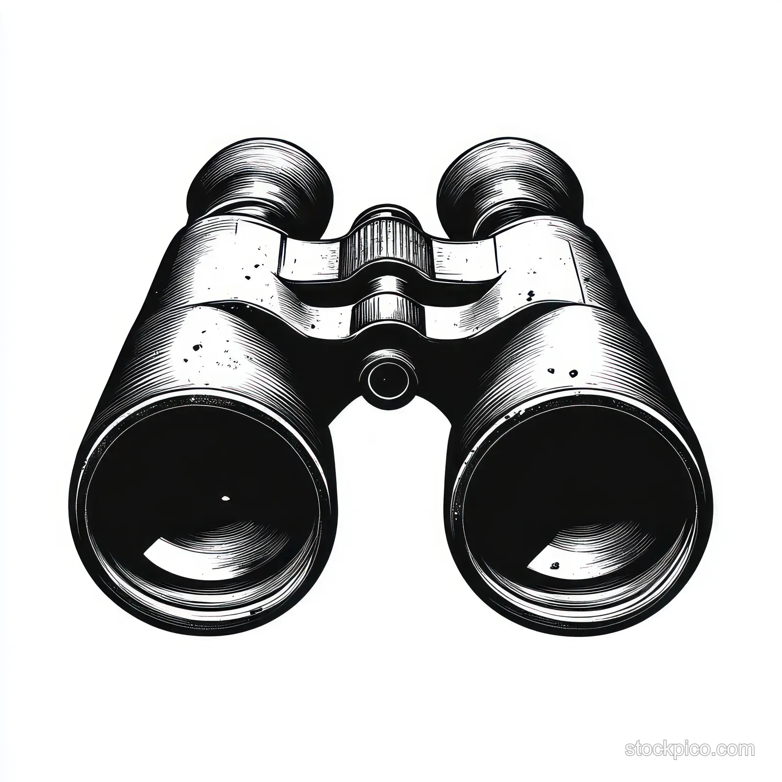 Black and white front view illustration of binoculars with reflective lenses and textured metallic surface.