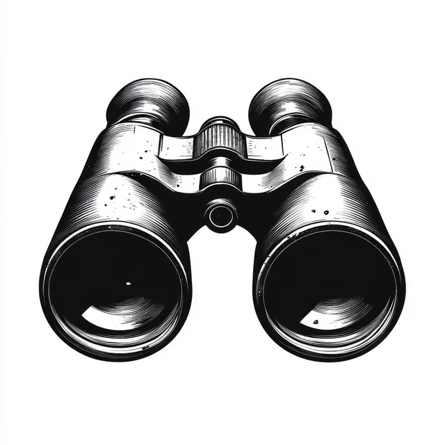 Black and white front view illustration of binoculars with reflective lenses and textured metallic surface.