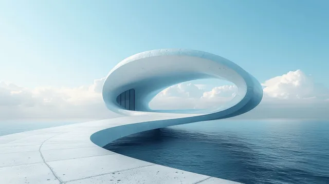 A glowing futuristic ring portal hovers over ocean waves with a bright blue sky in the background.