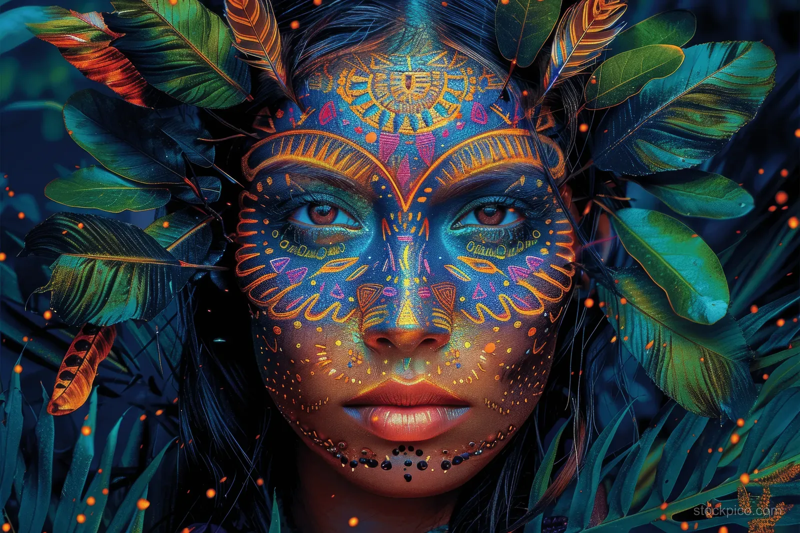 A shamanic woman with tribal face paint glows amid vibrant jungle leaves and feathers under neon lighting.
