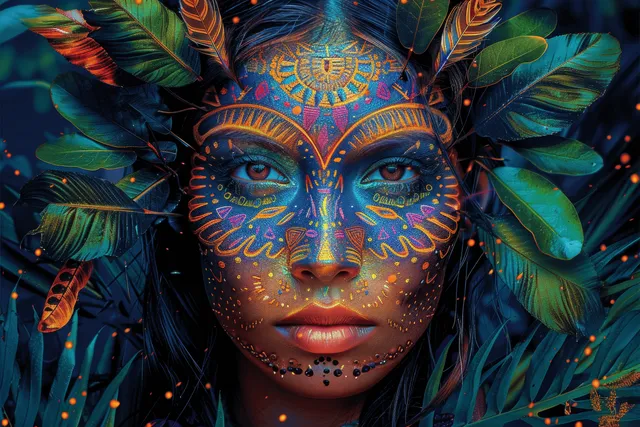 A shamanic woman with tribal face paint glows amid vibrant jungle leaves and feathers under neon lighting.