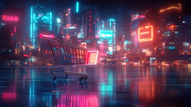 Glowing Shopping Cart in Neon Cyberpunk City with Reflections
