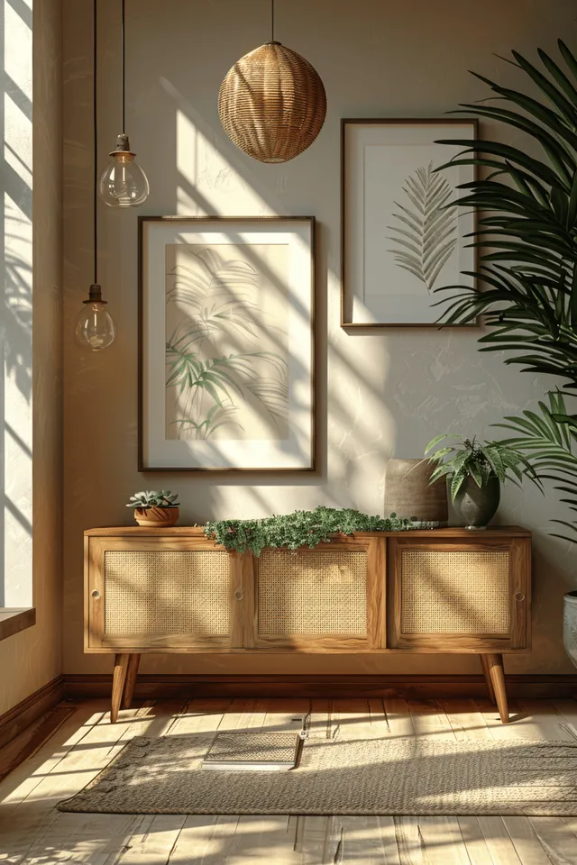 Minimalist Scandinavian wooden sideboard with poster frames and sunlit window shadows indoors