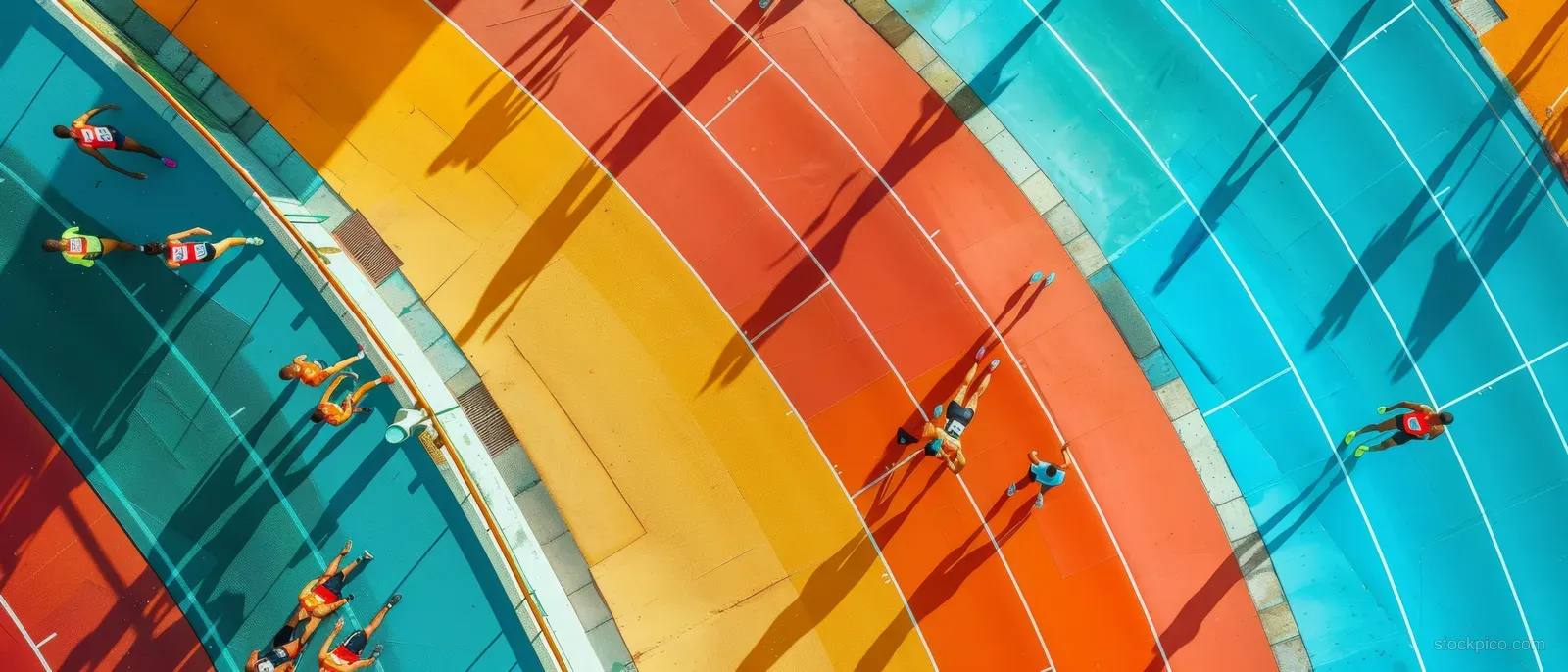 Overhead view shows triple jump athletes flying above a colorful stadium track lane and jump pit.