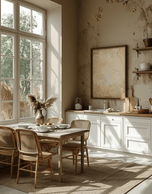 Sunlit modern kitchen dining table with rattan chairs, beige walls, and framed wall art