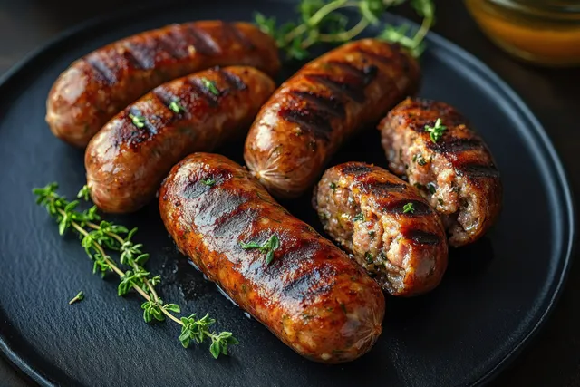 Grilled sausages on a black plate with fresh herbs and smoky charred edges.
