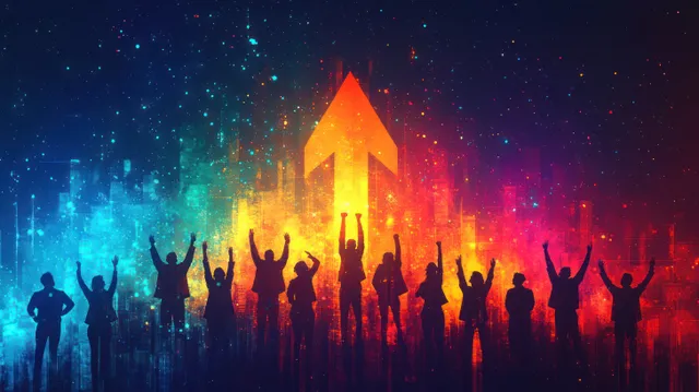 Silhouetted crowd with raised hands facing a glowing upward arrow above colorful city lights at night.