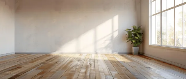Empty minimalist studio room with wooden floor, white walls, and bright sunlight entering through a large window.