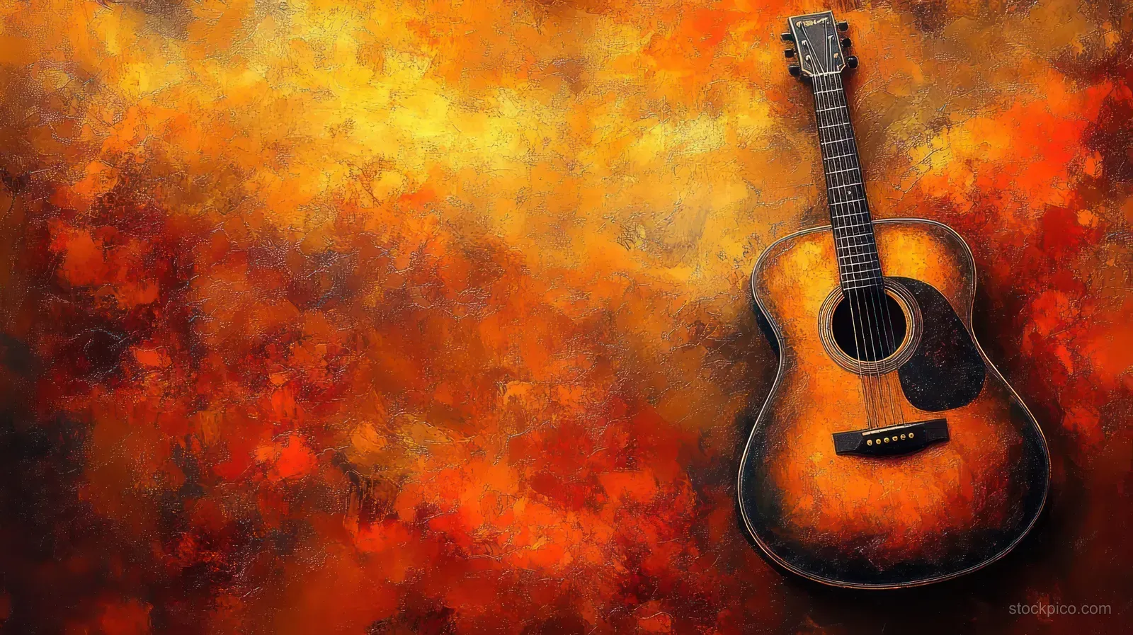 An acoustic guitar leans against a bright orange-red textured wall, highlighting its wooden body and strings.