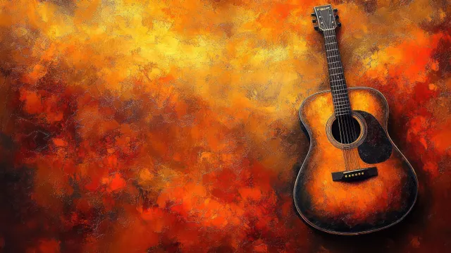 An acoustic guitar leans against a bright orange-red textured wall, highlighting its wooden body and strings.