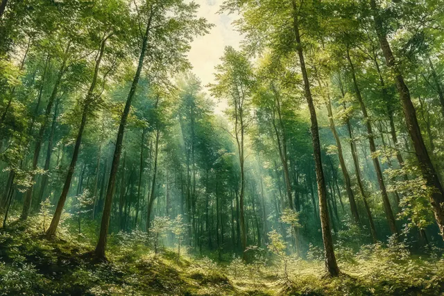 Sunlight beams stream through tall green trees over a quiet forest floor