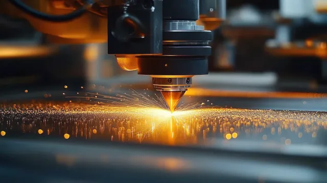 Laser nozzle melting metal with bright sparks in industrial close-up