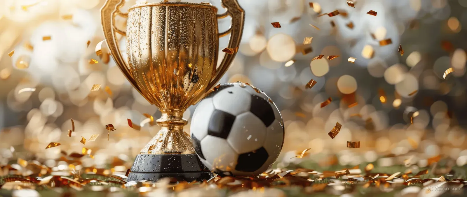 Gold soccer trophy and black-and-white ball surrounded by colorful confetti on a white background.