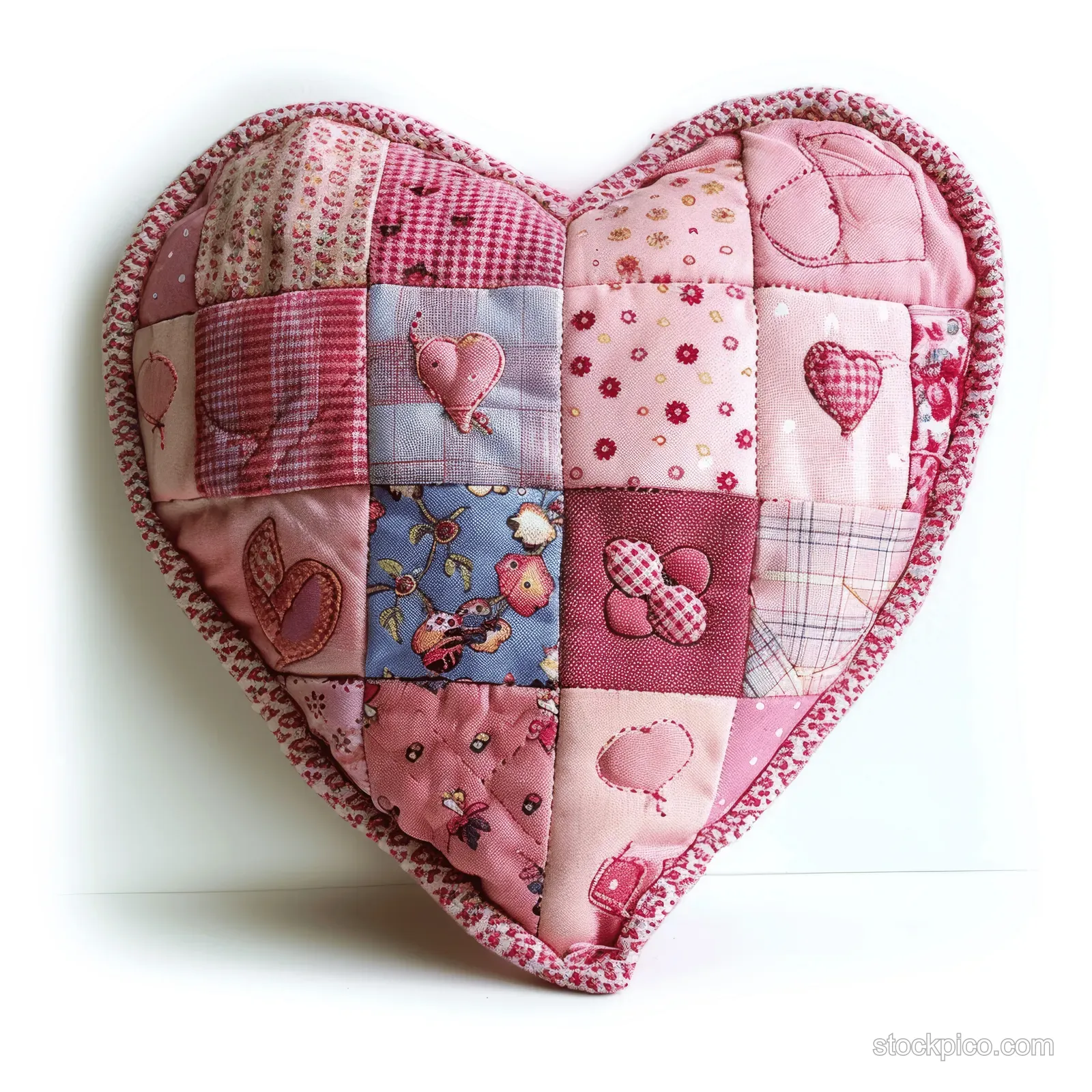 Quilted pink heart patchwork made of various fabrics, set against a clean white studio background for a vintage Valentine feel.