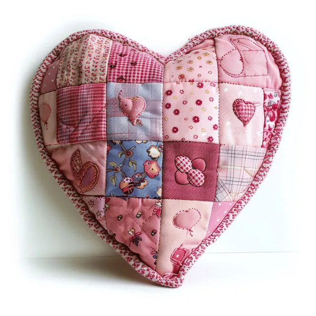 Quilted pink heart patchwork made of various fabrics, set against a clean white studio background for a vintage Valentine feel.