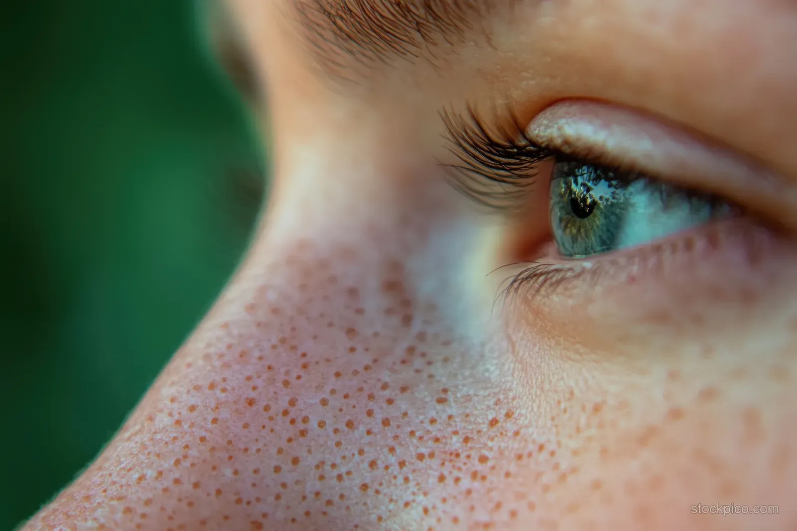 Close-up view of a nose with speckled skin texture and a blue nevus spot.