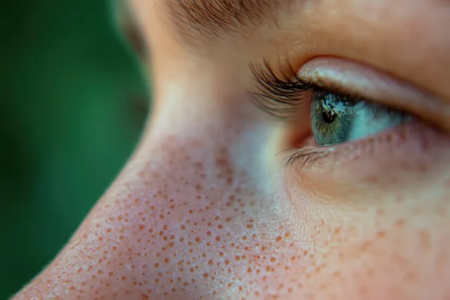 Close-up view of a nose with speckled skin texture and a blue nevus spot.