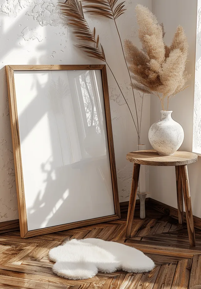 Empty wooden picture frame on a wooden floor beside a small table holding a white ceramic vase.
