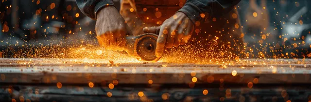 Hands hold an angle grinder against wood as sparks and glowing embers shoot from the cutting area.