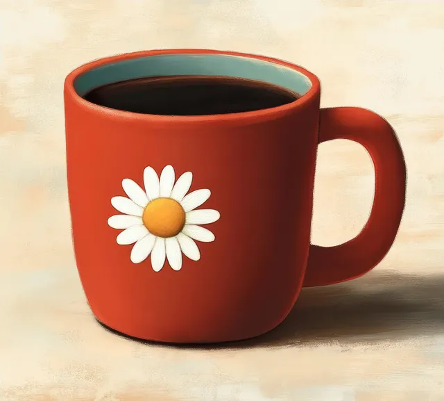 A red mug with a white daisy design holds black coffee on a light textured surface.