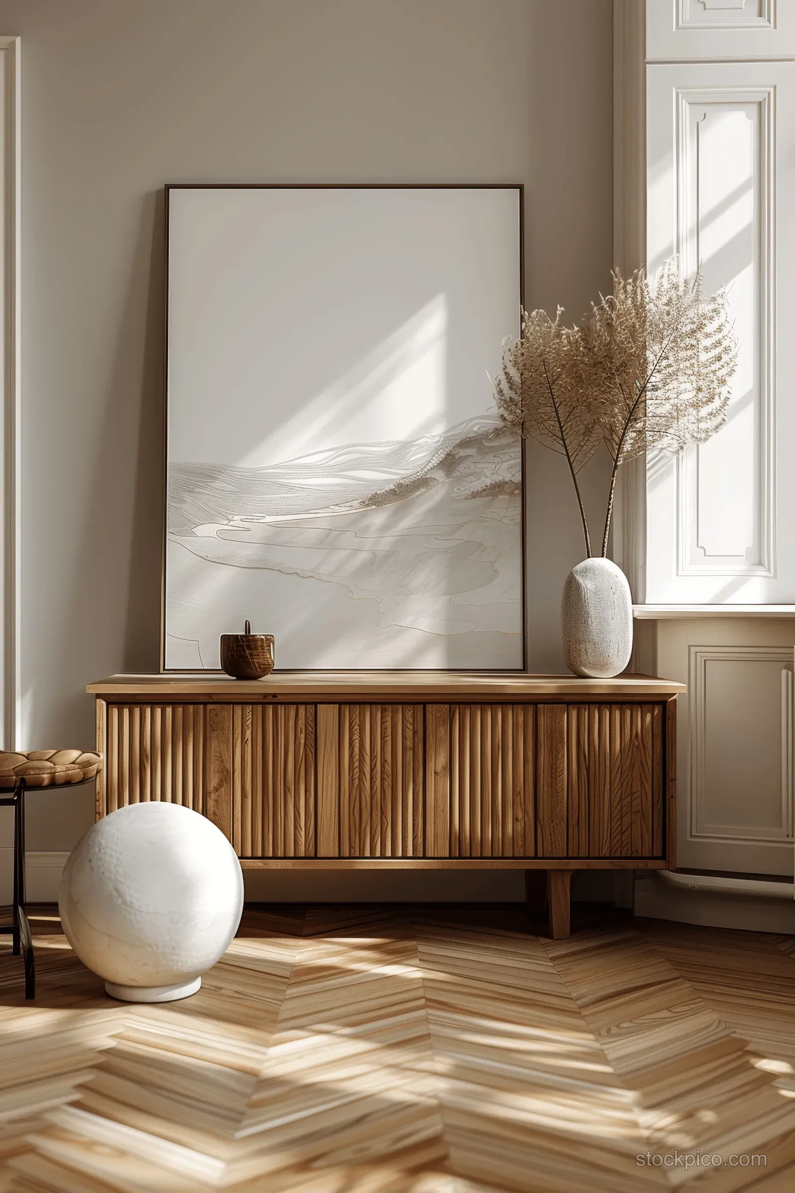 Blank picture frame on a wooden console against a light wall beside a window and herringbone parquet floor.