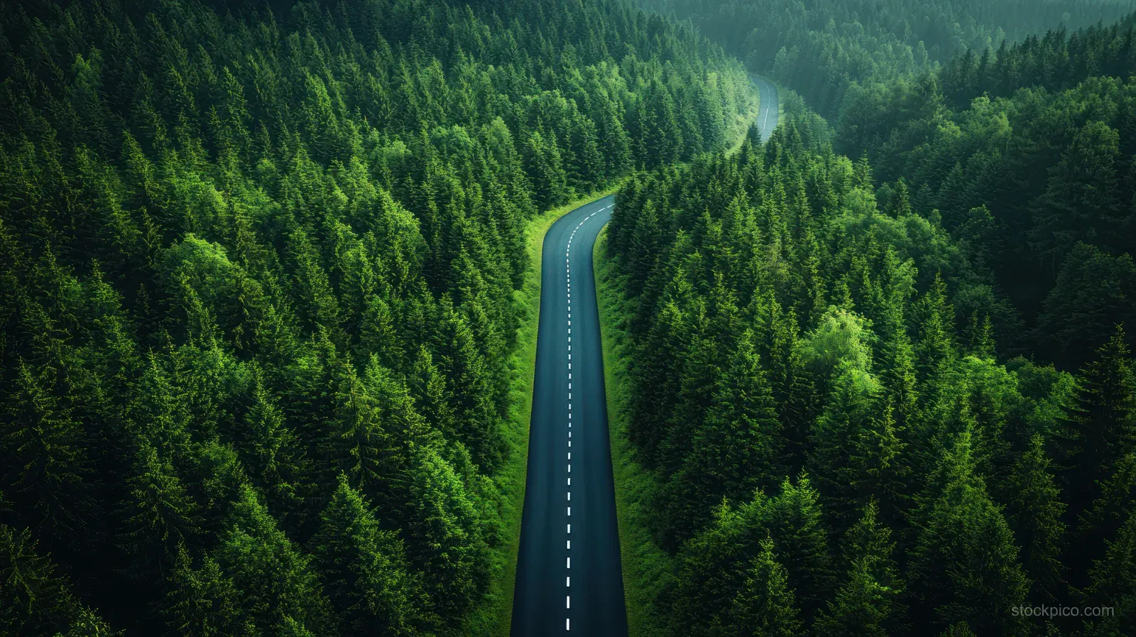 A car drives on a curving asphalt road through a dense green forest from an aerial viewpoint.