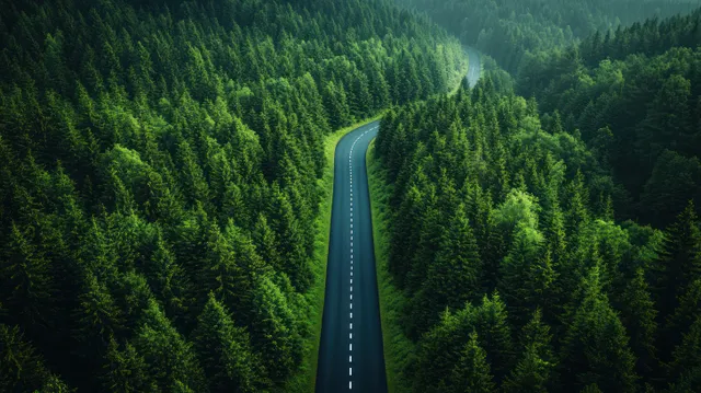 A car drives on a curving asphalt road through a dense green forest from an aerial viewpoint.