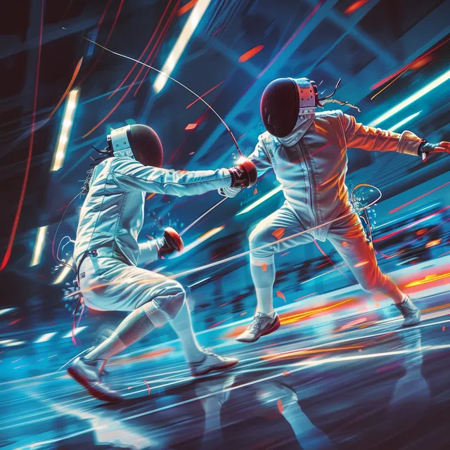 Cuban foil fencers spar in a neon-lit arena, lunging with motion-blur intensity