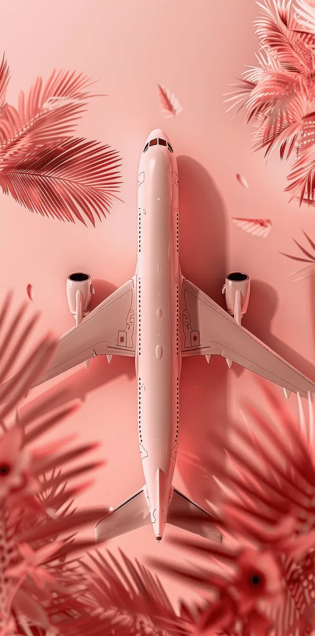 Minimal 3D airplane flies above pink palm leaves on a peach monochrome background with soft shadows.