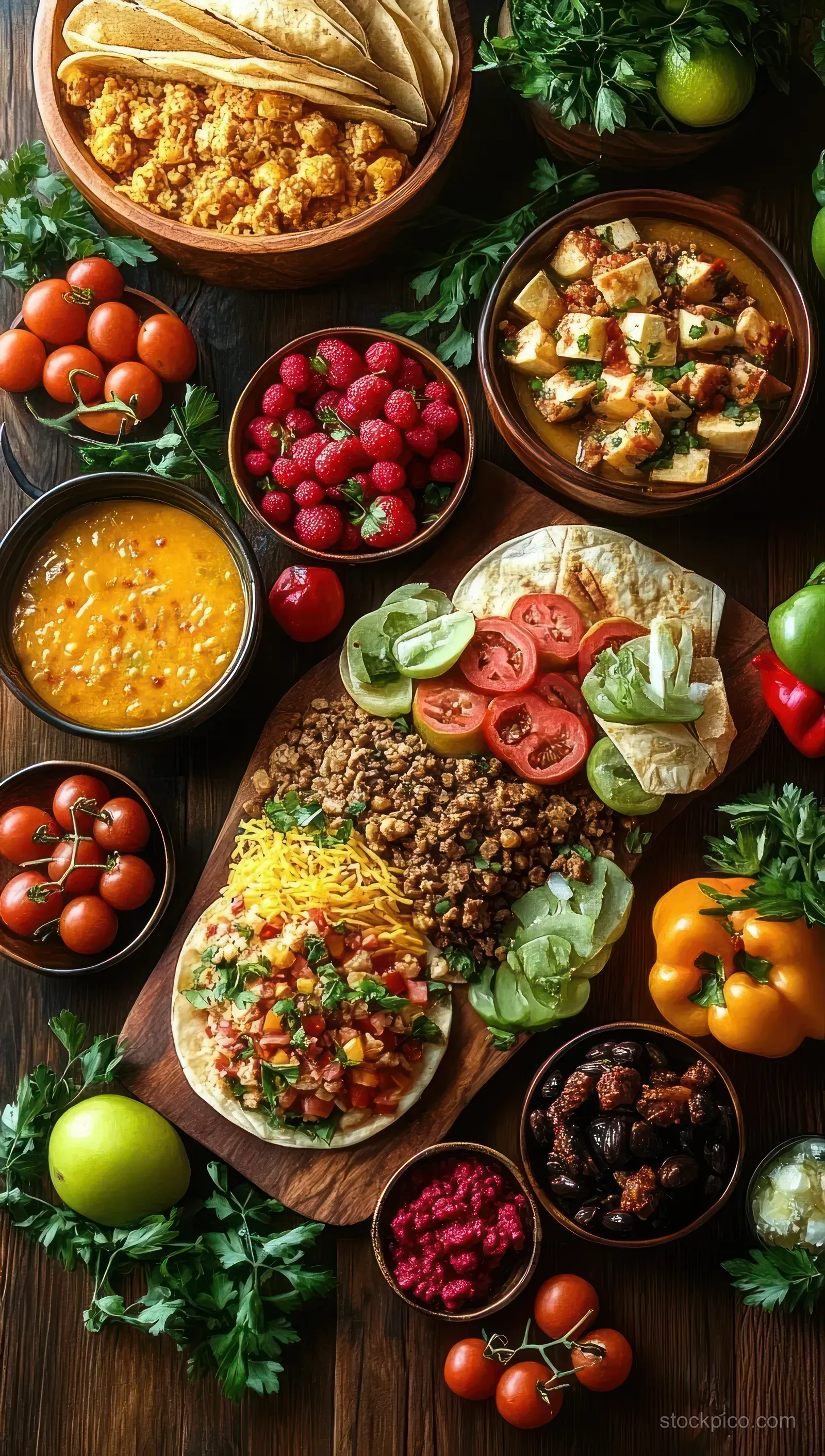 Vegetarian Mexican food spread with tortillas, roasted vegetables, tomatoes, herbs, and bowls of colorful sauces on a wooden table.