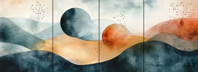 Four-panel abstract watercolor landscape with overlapping hills and two large textured circles in muted blue and earthy tones.