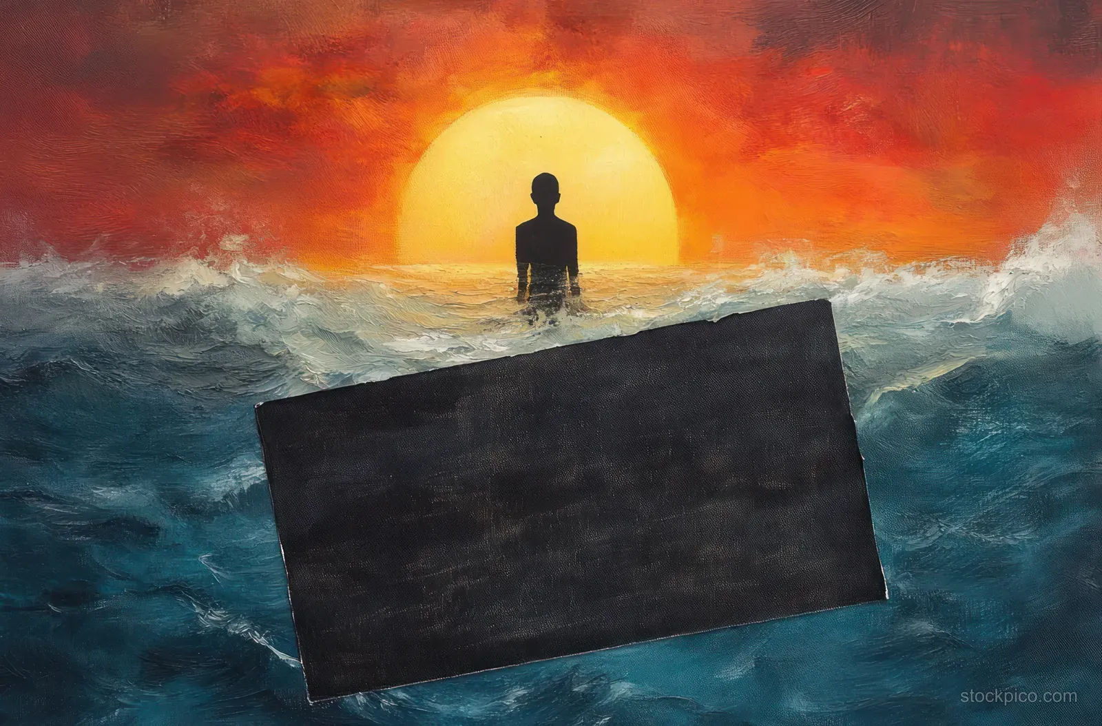 Silhouette of a person wading in rough ocean while a dark rectangular object floats near a vivid sunset horizon.