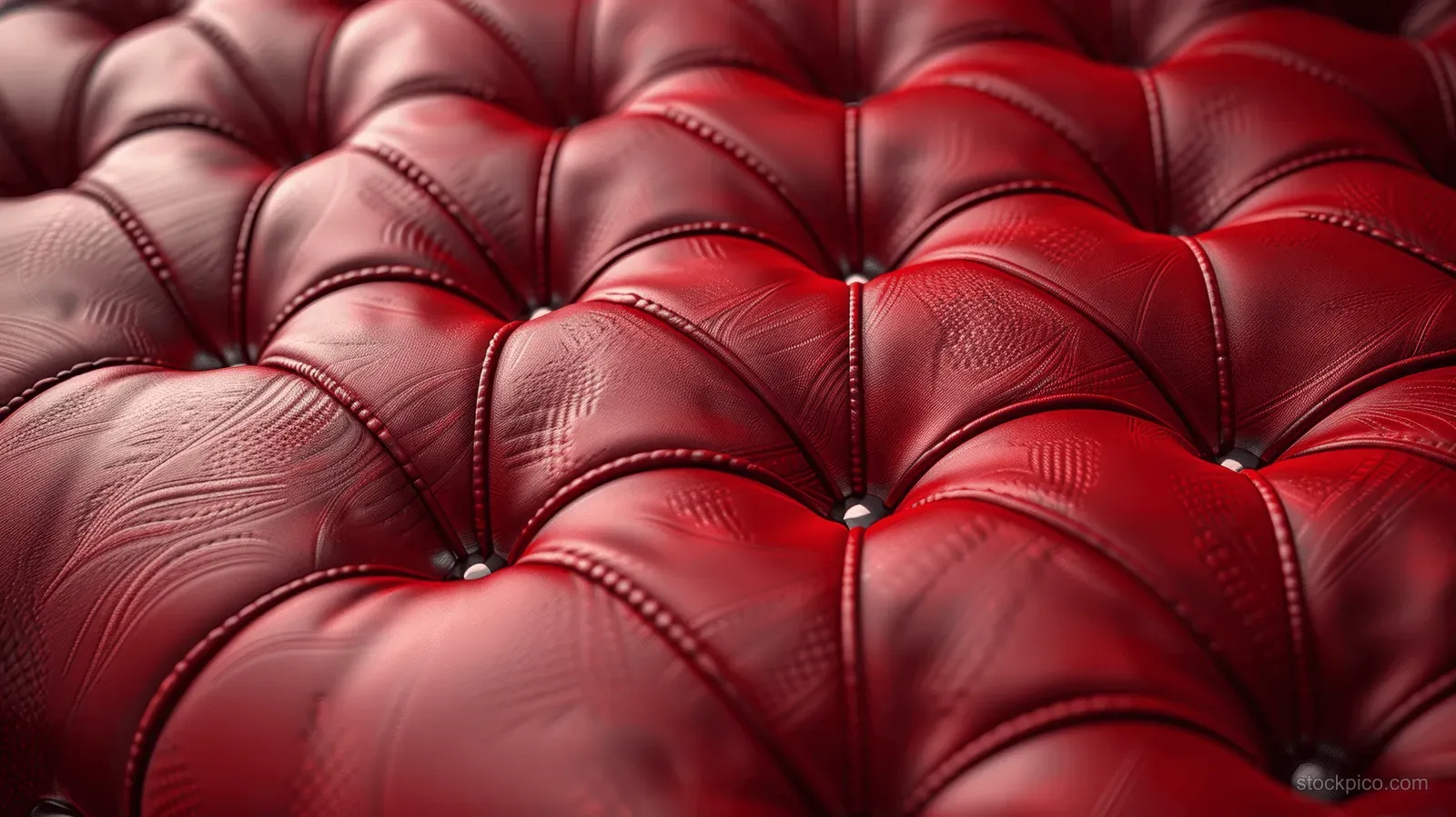 Red tufted leather upholstery close-up with diamond quilting, stitched seams, and glossy highlights.