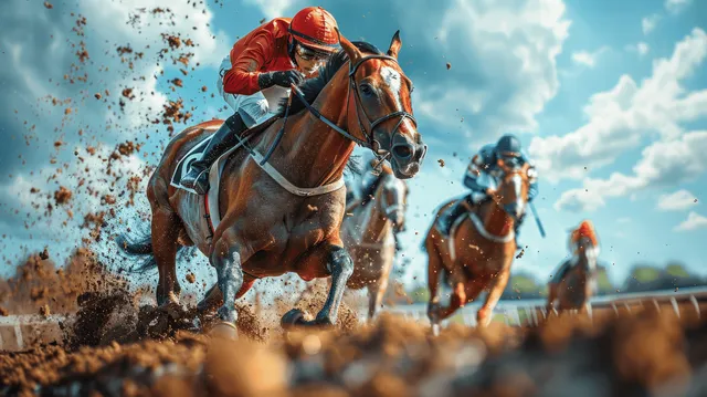 Jockeys ride galloping thoroughbreds on a dirt track while soil and dust fly behind them.