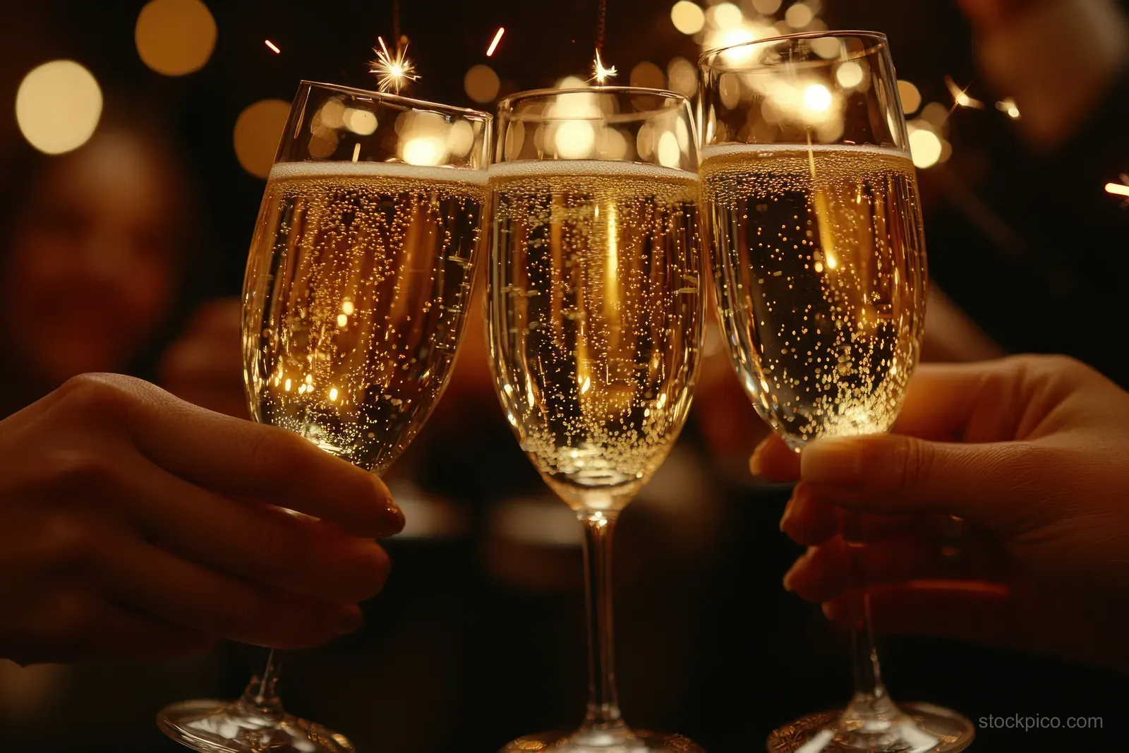Friends clink champagne glasses during a cozy New Year’s Eve party with sparklers glowing in the background.