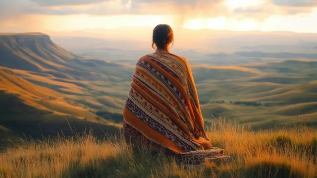 Person wrapped in patterned blanket sitting on grass at golden hour mountain overlook