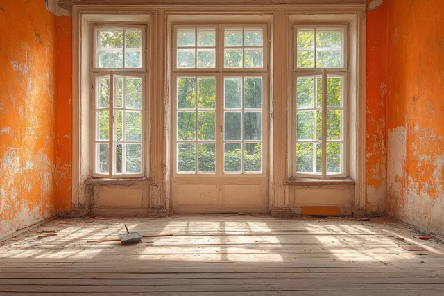 Empty renovated room with warm plaster walls, wooden window frames, and sunlight on the tiled floor.