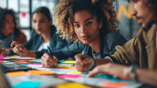 Students sit at a desk writing with pens beside colorful sticky notes and papers during a group planning session.