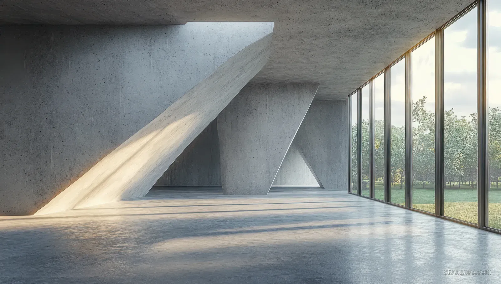 Minimalist concrete loft interior with large windows and sunlit floor casting geometric shadows.