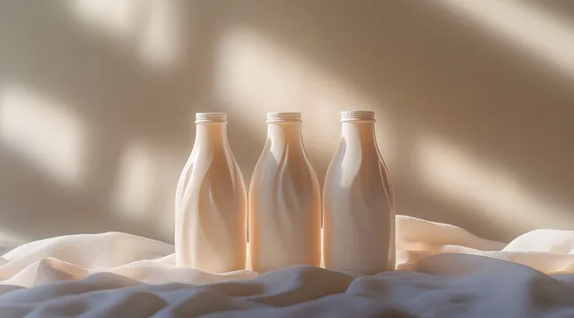 Three white milk bottles placed on draped fabric under soft window light with visible shadows.