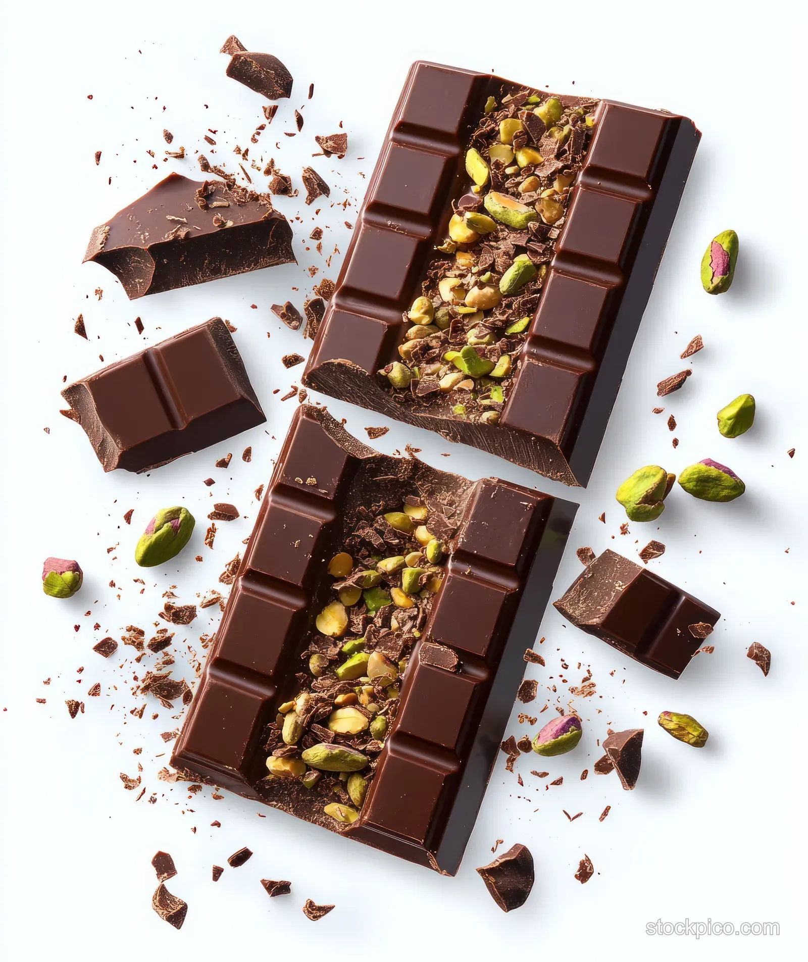 Broken dark chocolate bars with pistachio filling and scattered chocolate chunks and nuts on a white background.