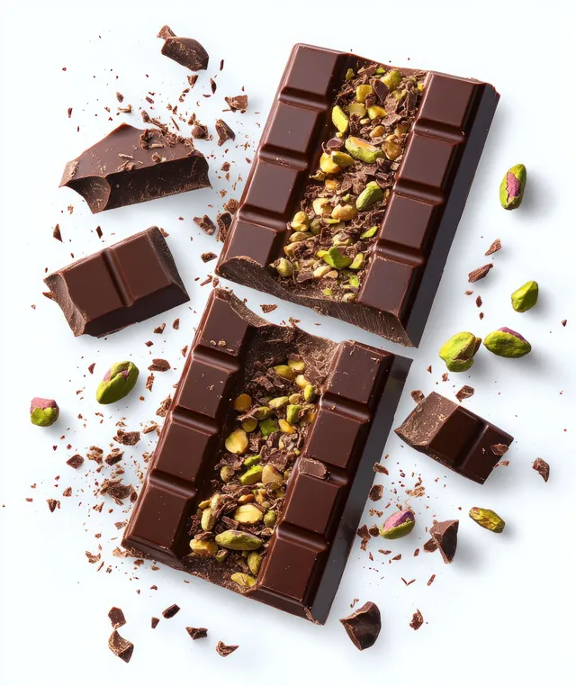 Broken dark chocolate bars with pistachios, scattered chunks, and nuts on white background