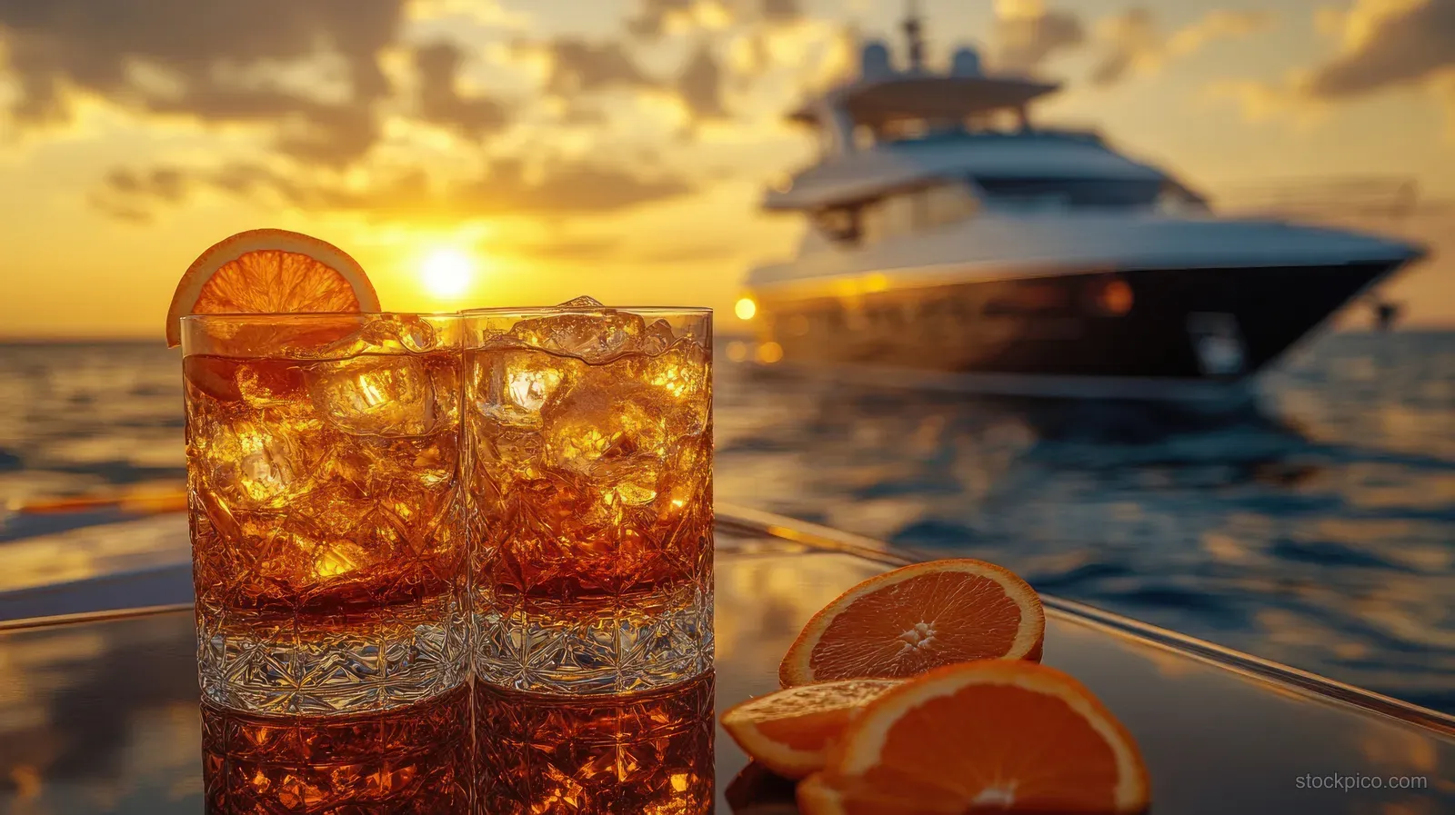 Two amber cocktails with orange slices and ice on a yacht table during a sunset over the ocean.
