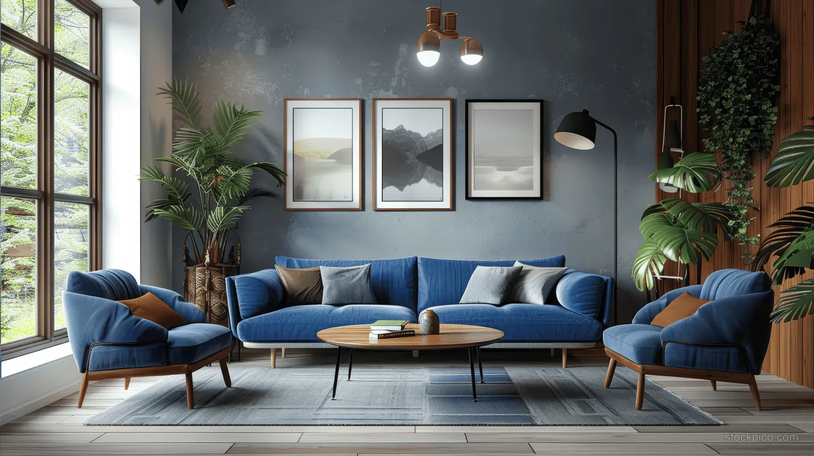 Scandinavian living room interior with blue sofas, wooden coffee table, framed posters, and plants near large windows.