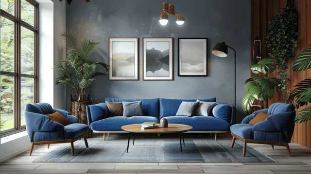 Scandinavian living room interior with blue sofas, wooden coffee table, framed posters, and plants near large windows.
