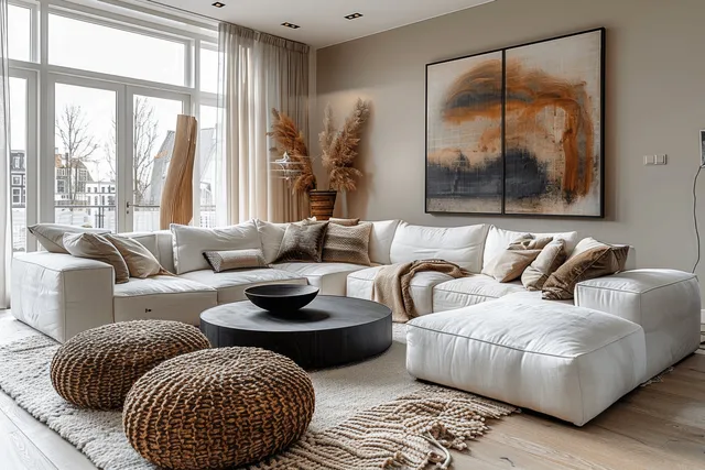 Bright living room showing a white L-shaped sofa, black coffee table, beige rug, abstract painting, and tall windows.