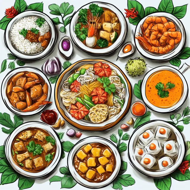 Collage cenital caricaturesco de cuencos de comida callejera tailandesa con hierbas y verduras tipo doodle rodeando los platos.